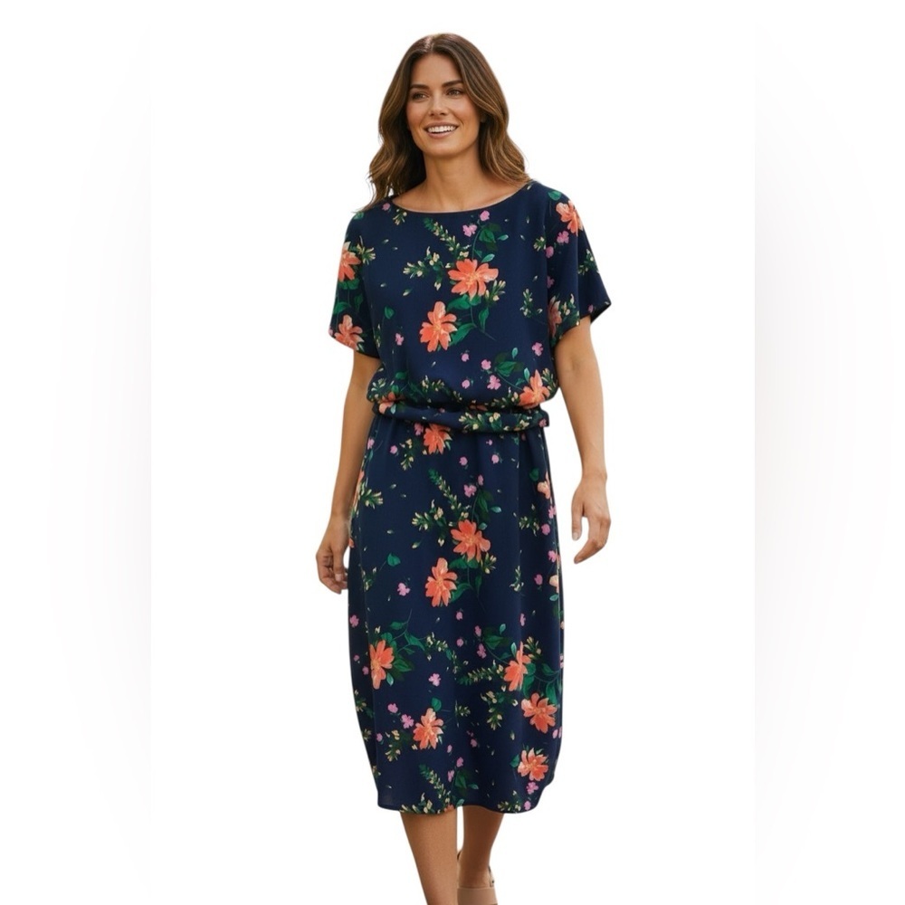Kensie Floral Navy Sheath Dress Talla S – Cintura Ajustad
